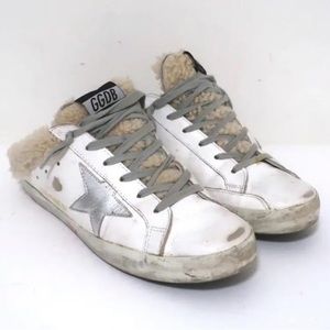 Golden Goose Superstar Sabot Shearling Sneakers White & Silver Leather Size 39